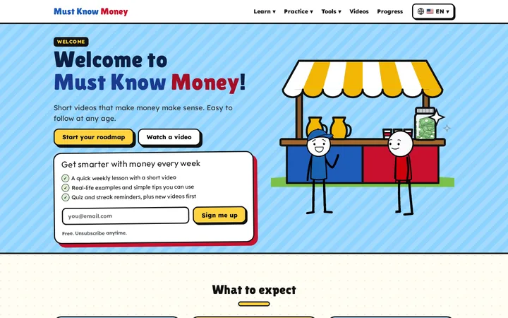 Must Know Money homepage with Marcus and Fred at their lemonade stand